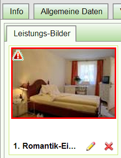 Bei Feratel erkennen Sie schlecht aufgelöste Bilder im Wartungstool Webclient an einem roten Rahmen mit Ausrufezeichen im Bild.