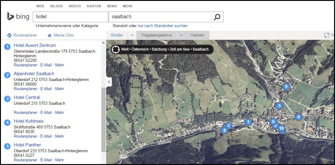 Sicher nicht alle Hotels in Saalbach sind in Bing Maps eingetragen