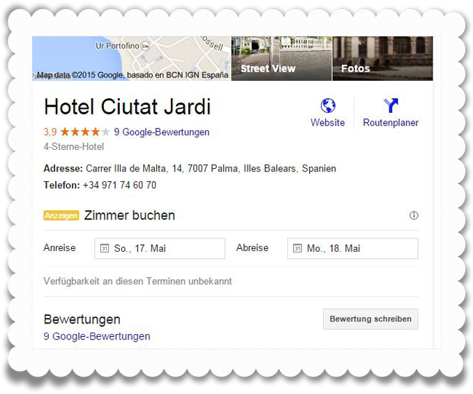 Google HotelFinder mit Bild- und Kartenmaterial, Bewertungen, Buchungsmöglichkeit