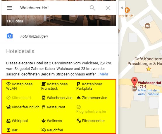 Ausstattungsmerkmale (gelb hinterlegt) am Hoteleintrag in Google Maps