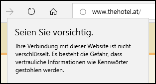 HTTP Text-Warnung des Browsers Edge: „Seien Sie vorsichtig“