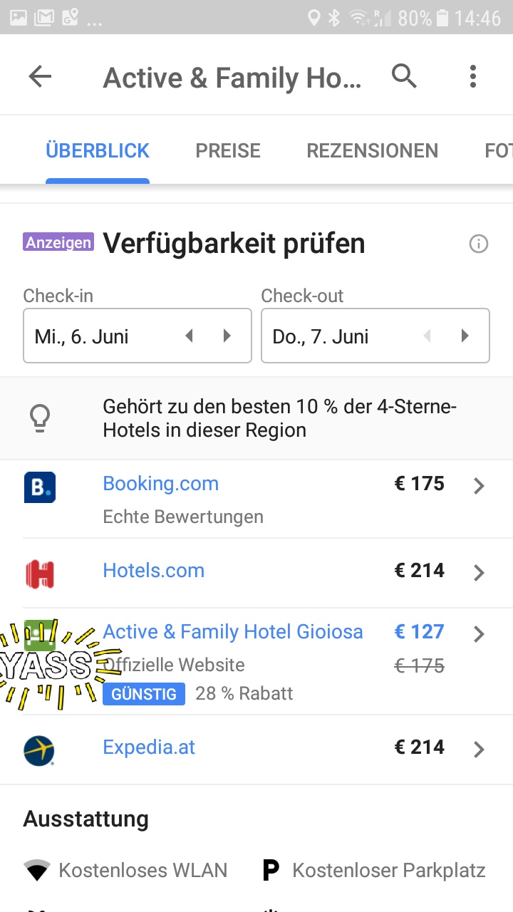 Preisvergleich: Hotel direkt am günstigsten (Metasuche Google Hotelfinder)